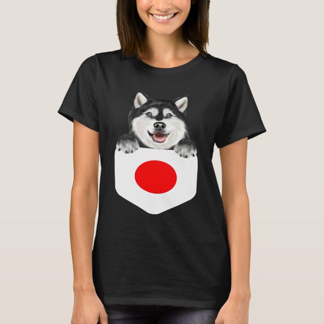 Japan Flag Alaskan Malamute Dog In Pocket T-Shirt (Front)