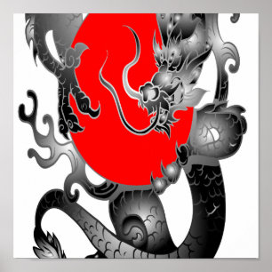 Japan Flag Fire Dragon Print