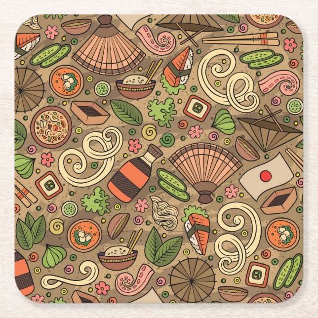 Japan Food: Cute Hand Drawn Square Paper Coaster (Front)