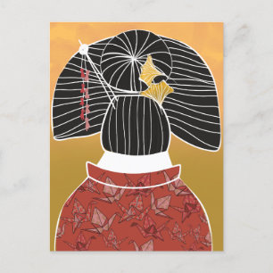 Japan Kimono Yukata Shrine Illustrated  Postcard