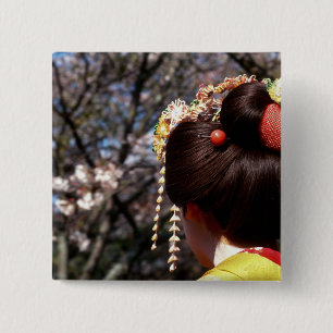 Japan, Kyoto. Rear view close-up of geisha's 2 Inch Square Button