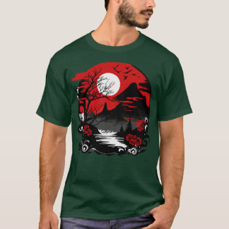 japan landscape with mountain blossoms and red sun T-Shirt