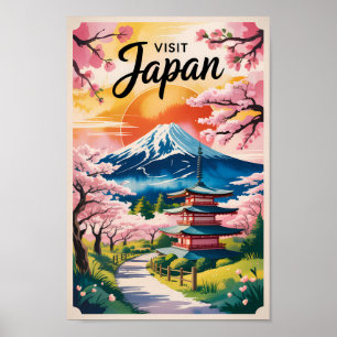 Japan Mount Fuji Illustration Travel Art Vintage Poster