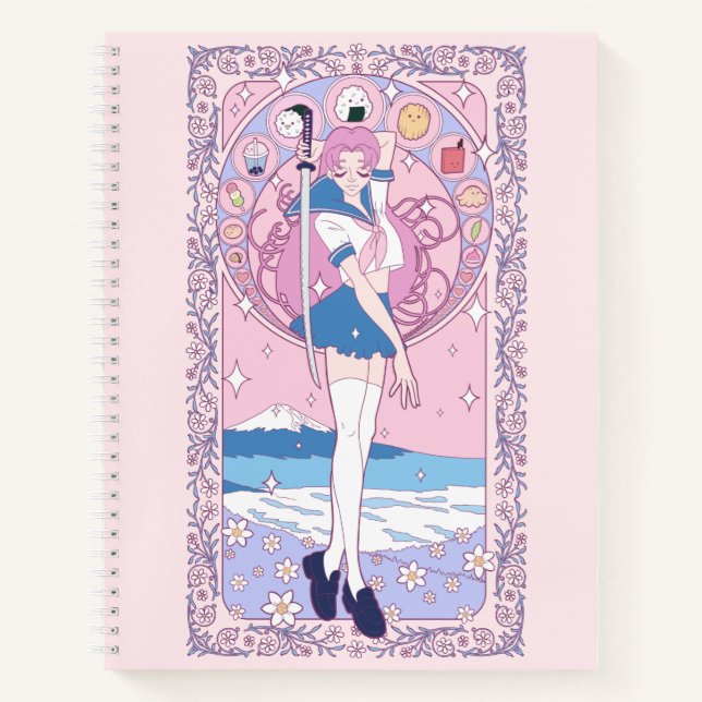 Japan Pink Anime Schoolgirl Art Nouveau Notebook (Front)