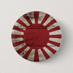 Japan Rising Sun Flag on Old Wood Grain 2 Inch Round Button