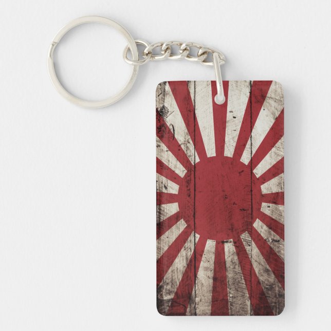 Japan Rising Sun Flag on Old Wood Grain Keychain (Front)