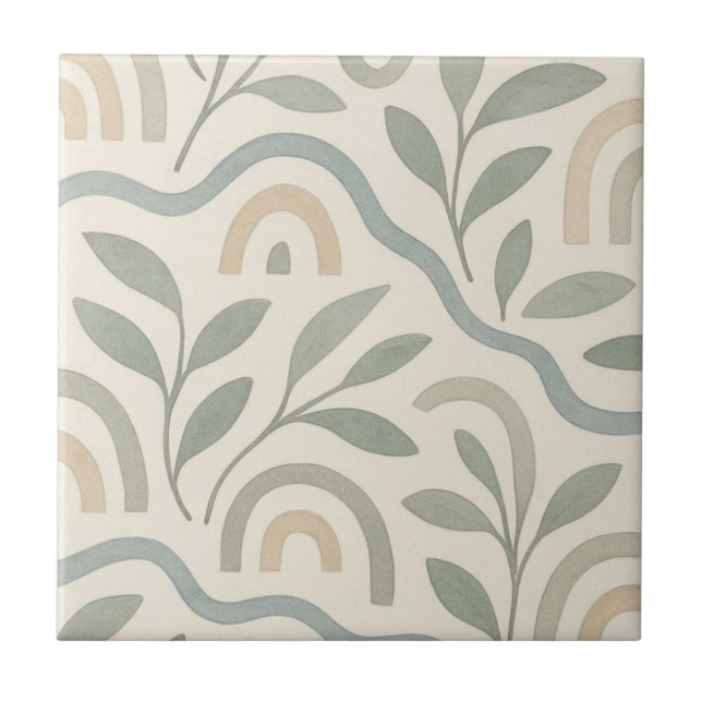 Japan Scandinavian Blue Green Watercolor Floral  Tile (Front)