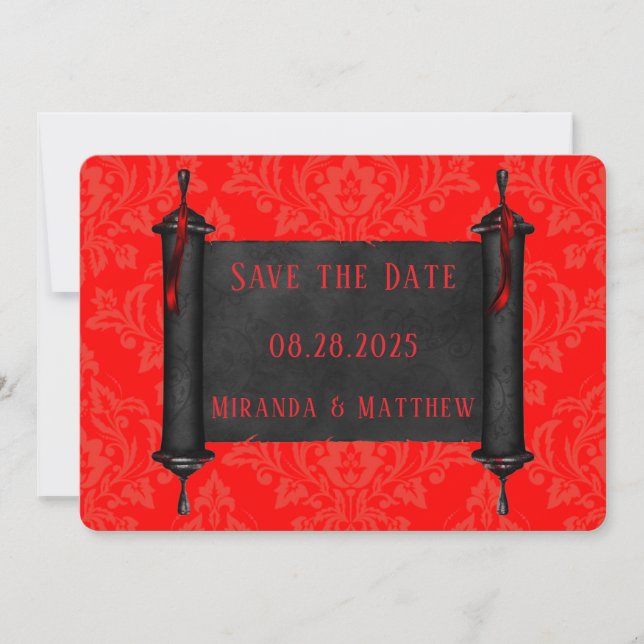 Japan Scroll Red Black Damask Save The Date (Front)