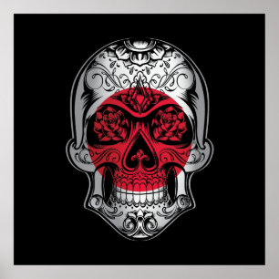 Japan  Skull And Roses Flag Poster