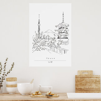 Japan Skyline & Pagoda Minimalist Line Art Travel Poster