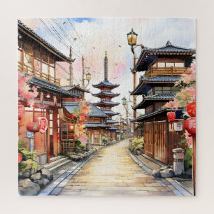 Japan street cozy spring watercolor jigsaw puzzle