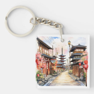 Japan street cozy spring watercolor keychain