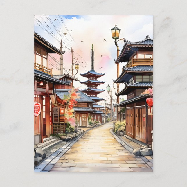 Japan street cozy spring watercolor postcard (Front)