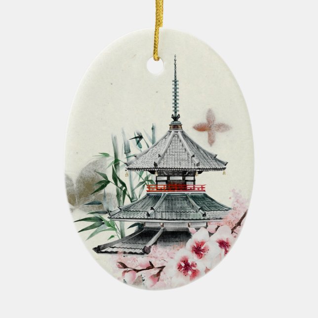 Japan Temple, Bamboo, Cherry Blossoms Christmas Ceramic Ornament (Front)