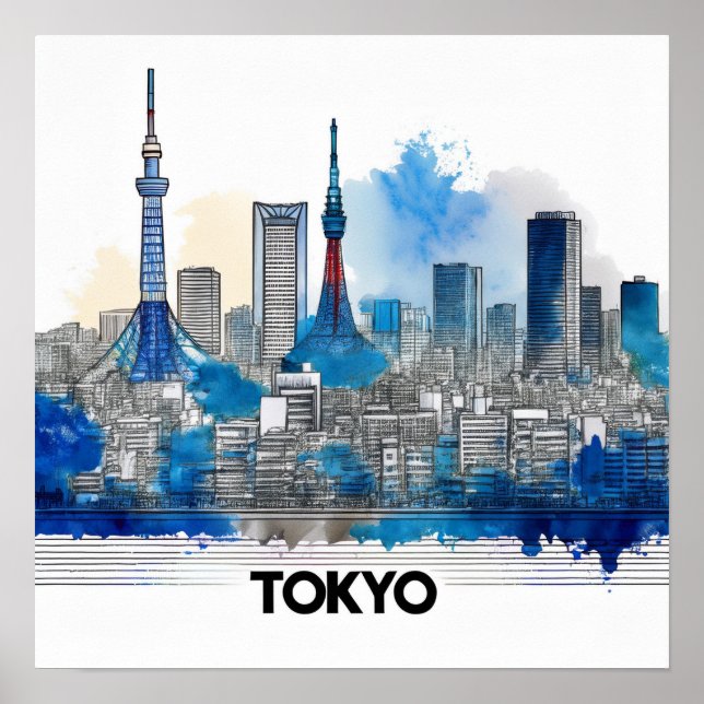 Japan Tokyo Skyline - Watercolor Tokyo Skyline Poster (Front)