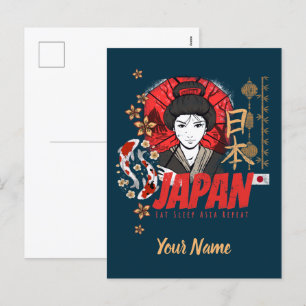 Japan Vintage Geisha with Flag Koi and Lotus Souve Holiday Postcard