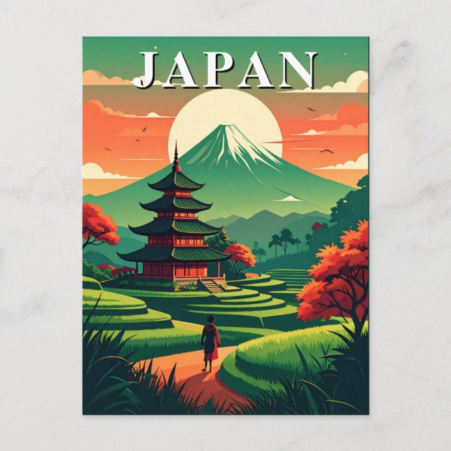 Japan Vintage Travel Pagoda and Mount Fuji Postcard (Front)