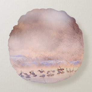 Japan winter nature. Wildlife scene, snowy nature. Round Pillow