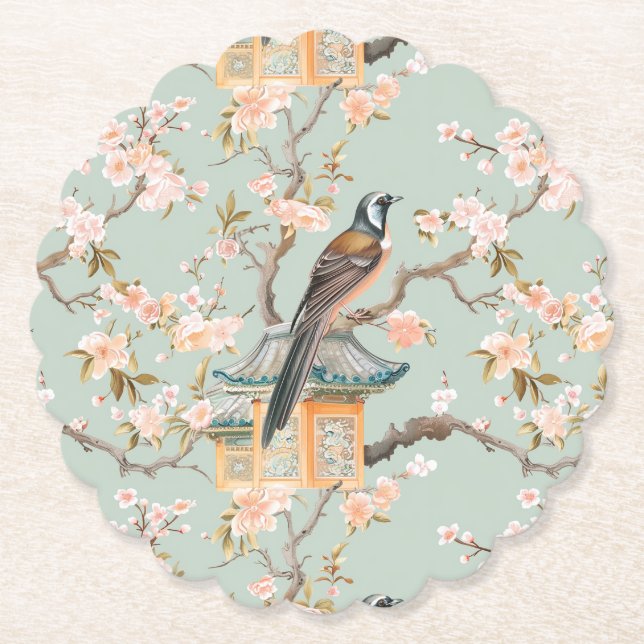 Japandi Bird Cherry Blossoms Paper Coaster (Front)