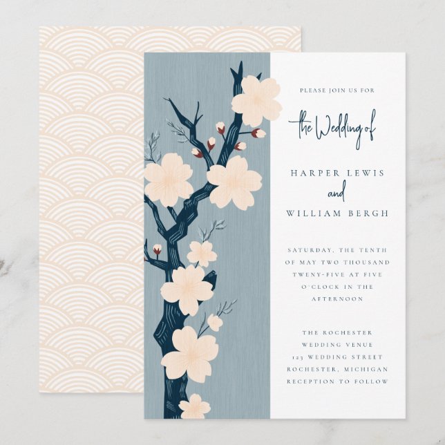Japandi cherry blossom wedding invitation (Front/Back)