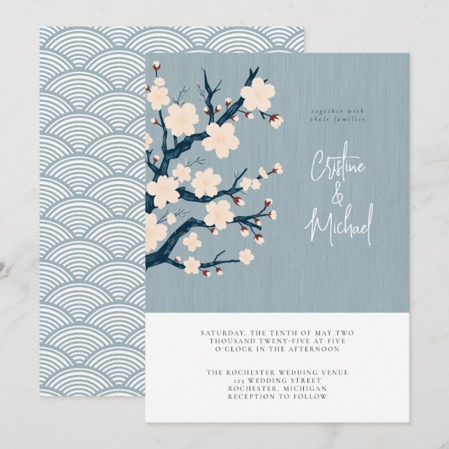 Japandi cherry tree wedding invitation (Front/Back)