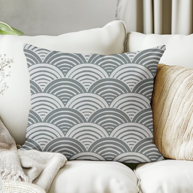 Japandi Farmhouse Grey Monochromatic Waves Scallop Throw Pillow (Creator Uploaded)