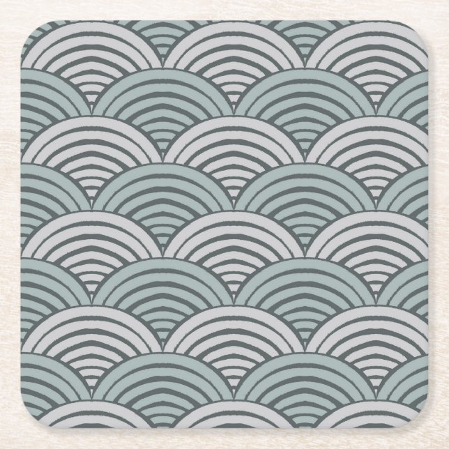 Japandi Farmhouse Grey Waves Hand Drawn Scallop Square Paper Coaster (Front)