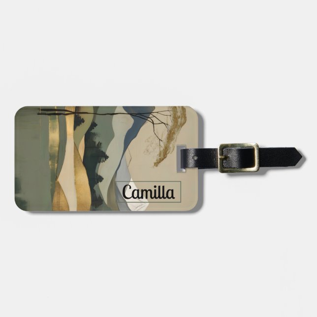 Japandi Gold & Green Mountain Landscape Luggage Tag (Front Horizontal)