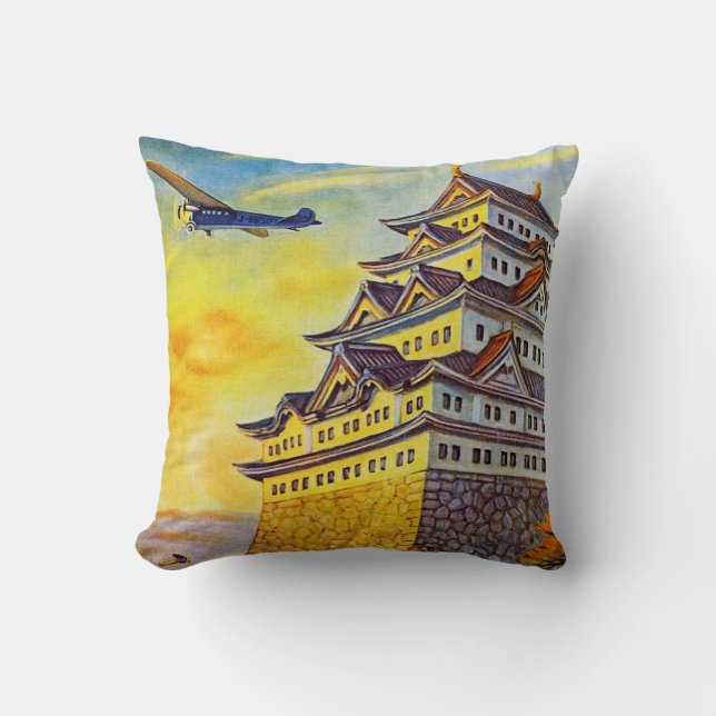 Japanese Air Transport with Pagoda Throw Pillow (Front)