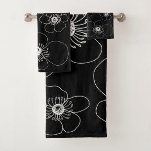 Japanese Anemones on Black  Bath Towel Set