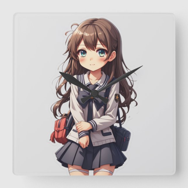 Japanese Anime School Girl Square Wall Clock (Front)