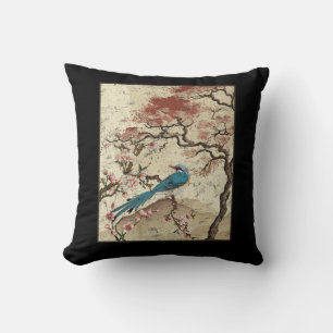 Japanese Art Birds on Peach Tree Blossom Japanese Throw Pillow