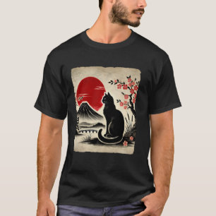Japanese Art Black Cat Mount Fuji Cherry Blossoms T-Shirt