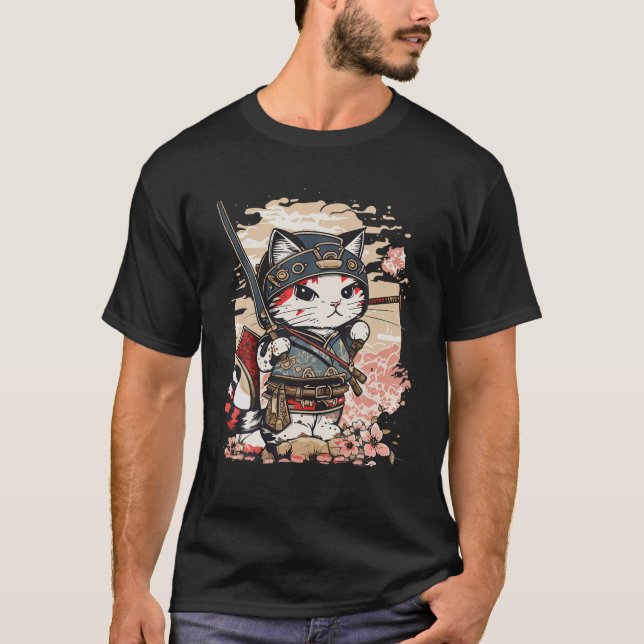 Japanese Art Cat Ninja Ukiyo e Anime Style Samurai T-Shirt (Front)