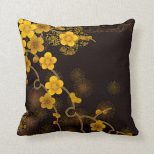 Japanese Art Golden Yellow & Deep Brown Floral Throw Pillow