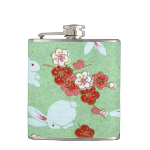 Japanese Art: Green Sakura and Rabbits Hip Flask