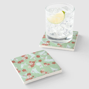 Japanese Art: Green Sakura & Rabbits Stone Coaster