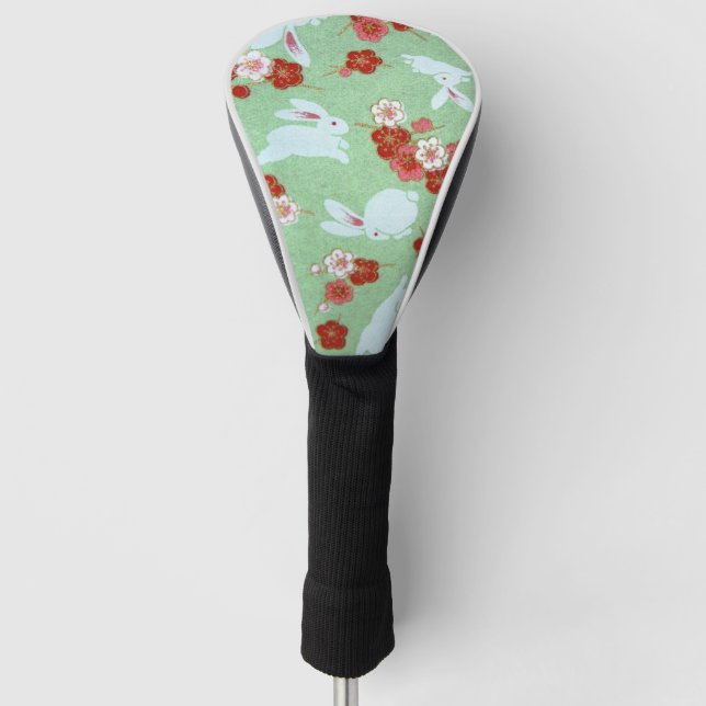 Japanese Art: Green Sakuras & Rabbits Golf Head Cover (Front)