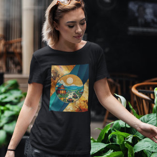 Japanese Art Mountain Blue Waves In Marble Stone T-Shirt