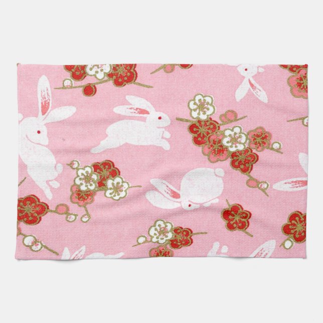 Japanese Art: Pink Sakuras & Rabbits Kitchen Towel (Horizontal)