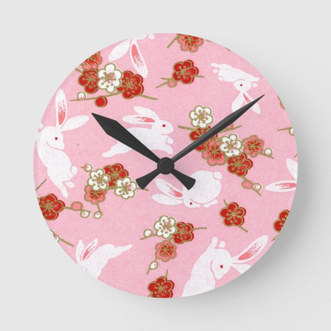 Japanese Art: Pink Sakuras & Rabbits Wall Clock (Front)