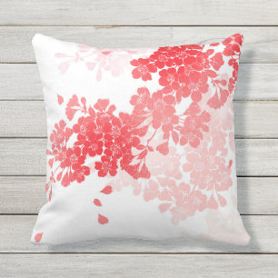 Japanese Art Red & Pink Flowers floral Throw Pillow