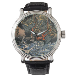 Japanese Art Ukiyo-e Dragon Leather Watch
