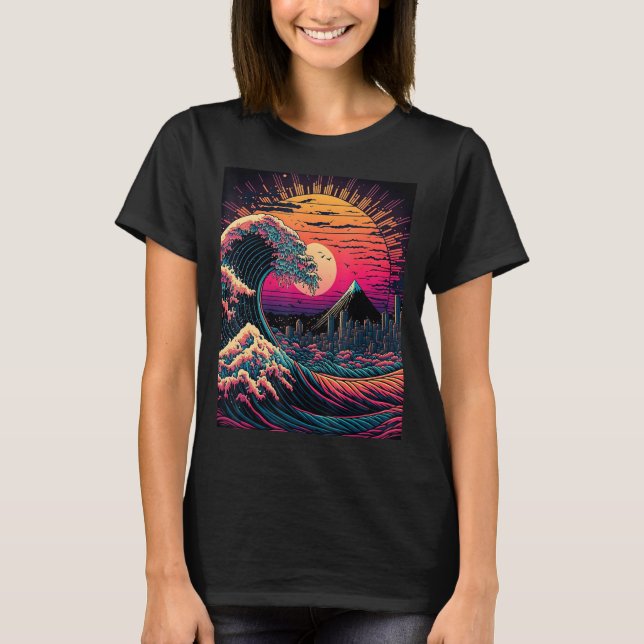 Japanese Art Ukiyo-e Style Retrowave Great Wave Of T-Shirt (Front)