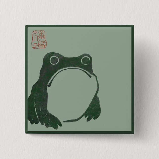 Japanese art ukiyo frog 2 inch square button (Front)