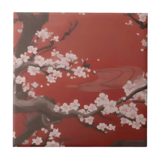  Japanese Artstyle White Cherry Blossom Red Tile