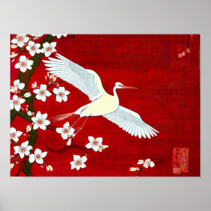 Japanese Artstyle White Crane Cherry Blossom Red Poster