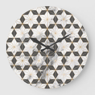 Japanese Asanoha: Gold Marble Pattern. Large Clock