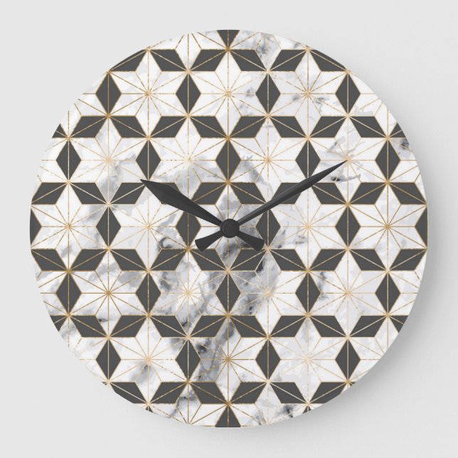 Japanese Asanoha: Gold Marble Pattern. Large Clock (Front)