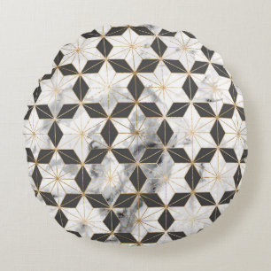 Japanese Asanoha: Gold Marble Pattern. Round Pillow